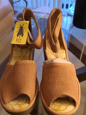 Fly London Tan Suede Perforated Open-Toe Wedge Mules